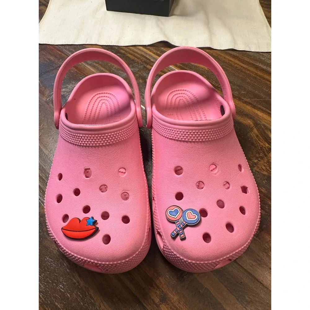 Crocs Kids Classic Clog Pink Slip On Shoes with Charms Size J2 Youth